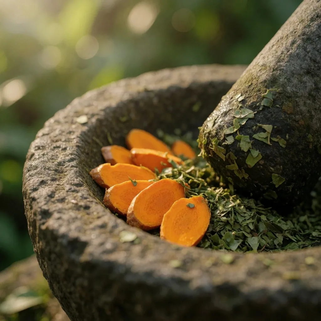 Amber herbal extract droplets on dark wood
