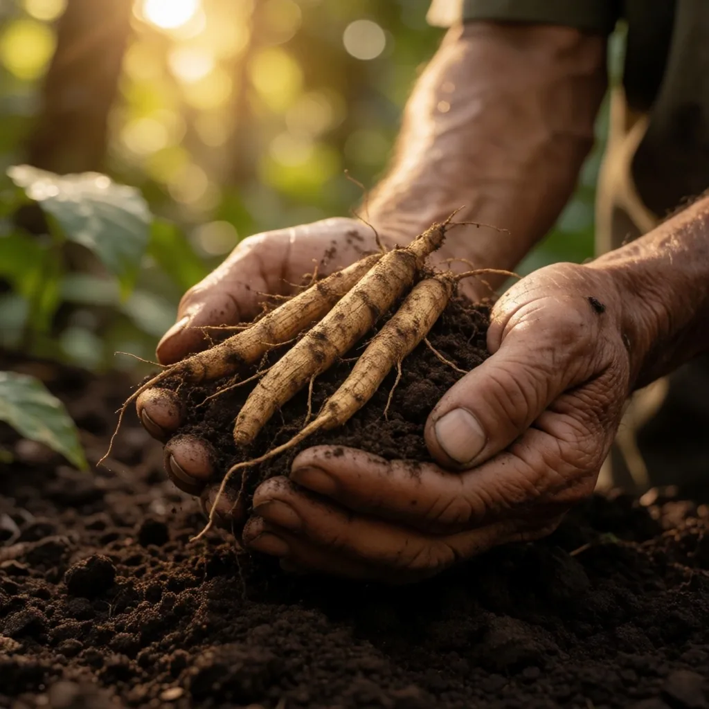 Hands holding botanical roots over soil