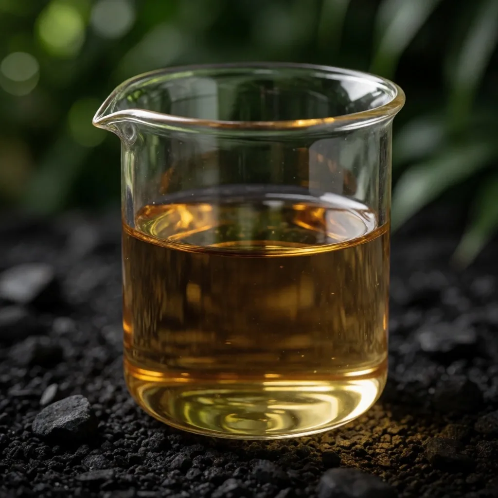 Amber botanical extract on dark waxed wood under warm dusk light