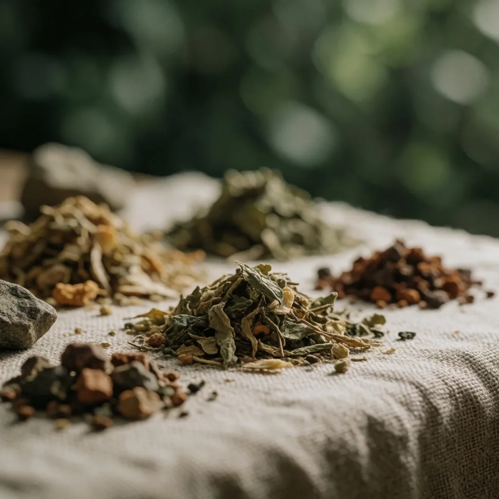 Dried botanical herbs on burlap with rainforest background