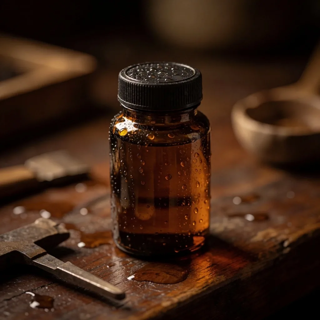 Sealed amber supplement bottle on a wooden workbench