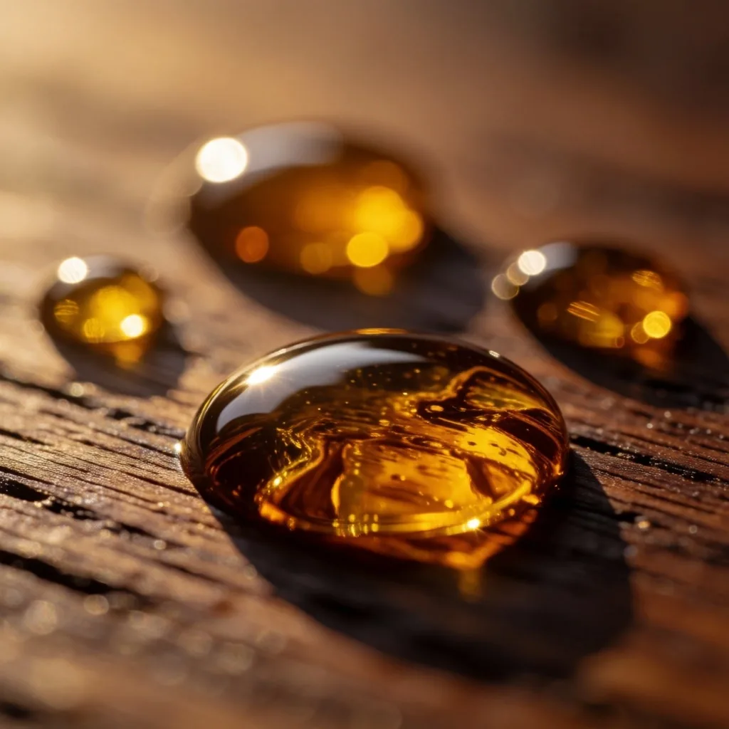 Amber botanical droplets on dark wood