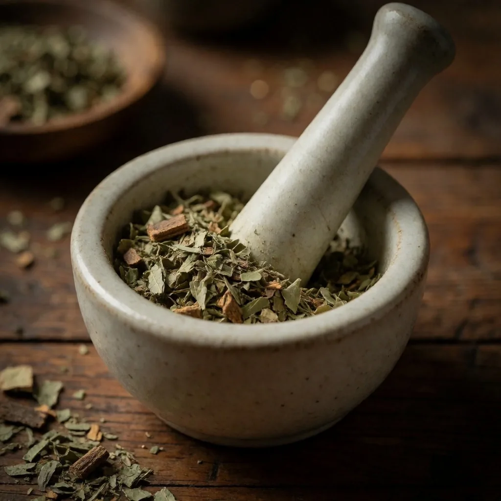 Botanical preparation on a wooden surface