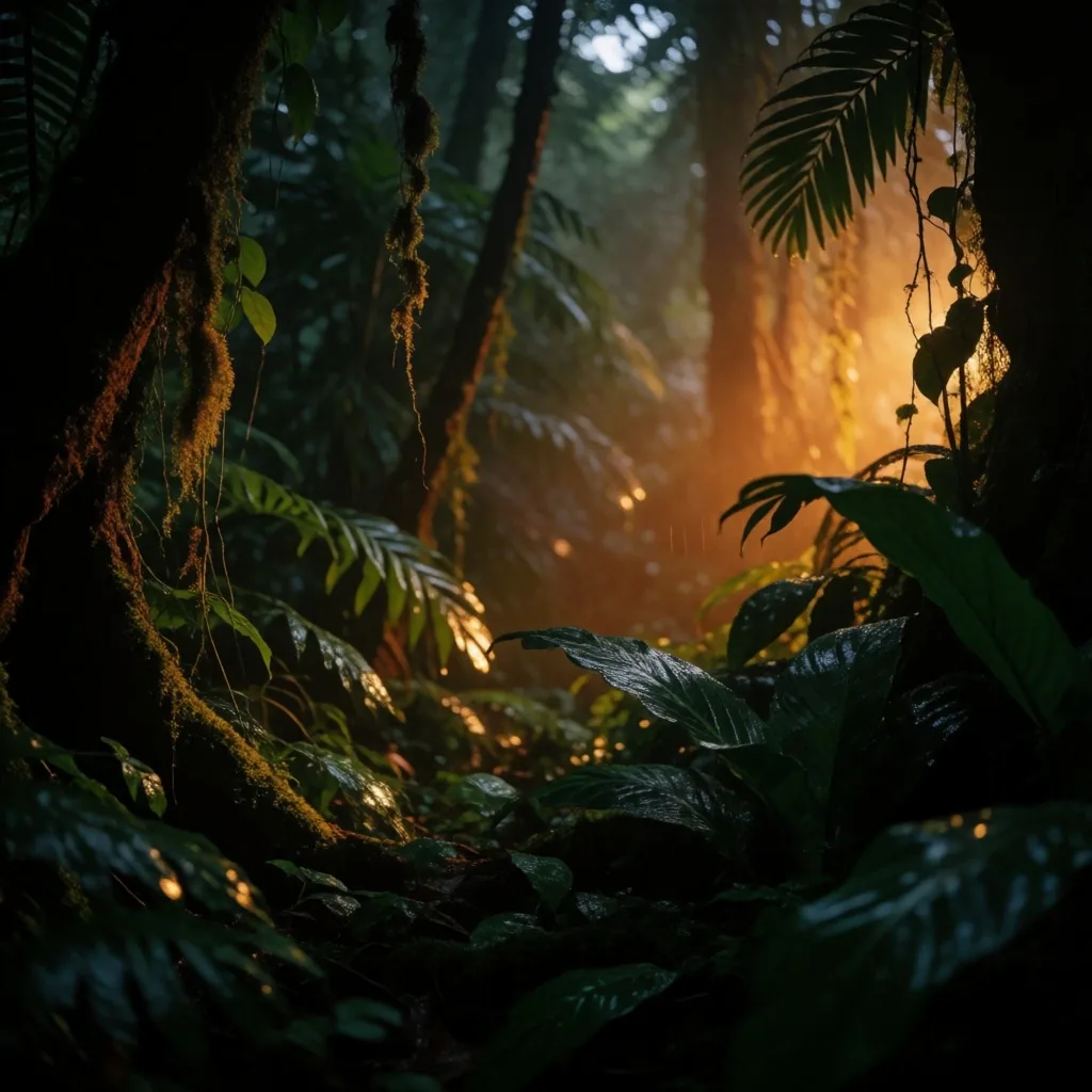 Indonesian rainforest botanical environment at dusk